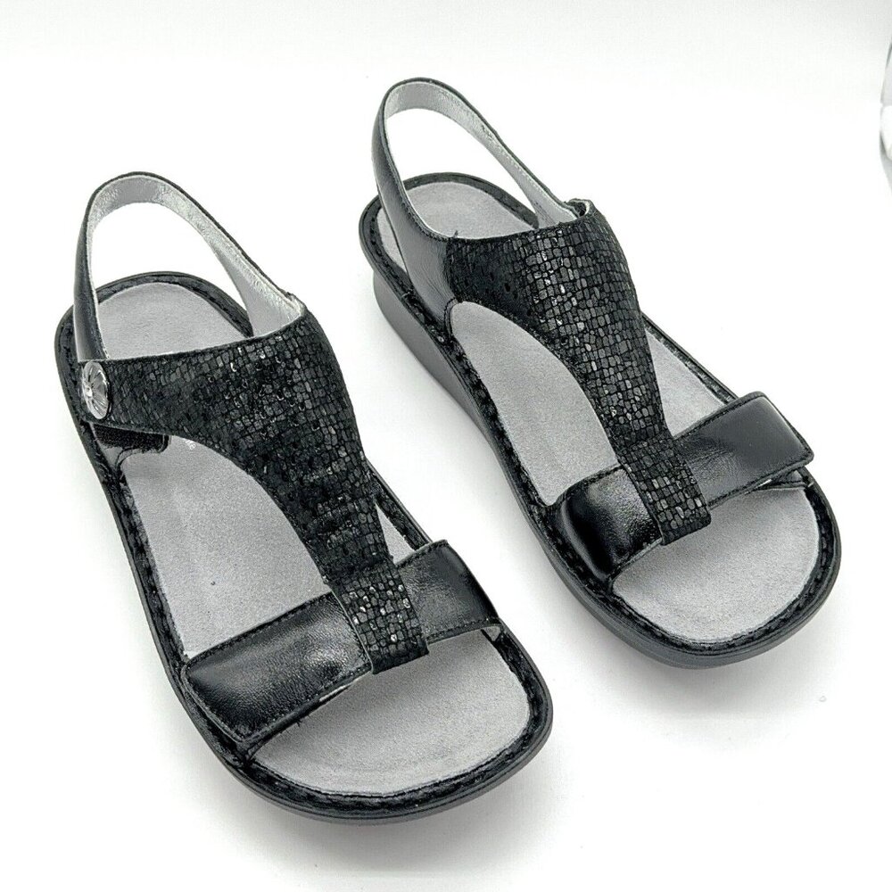 Alegria Sandals Kendra Leather T Strap Wedge Tile Me More Black Rocker US 9 EU39